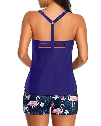 Slimming Bathing Suit Tankini With Shorts For Women-Blue Flamingo