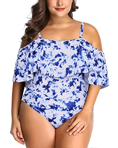Slimming Off Shoulder Tummy Control Swimsuit For Women-Blue Tie Dye