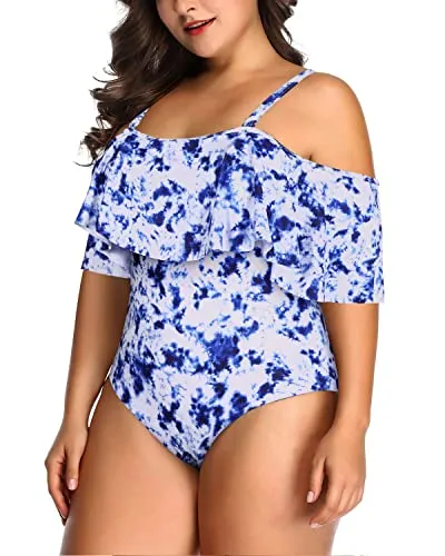 Slimming Off Shoulder Tummy Control Swimsuit For Women-Blue Tie Dye