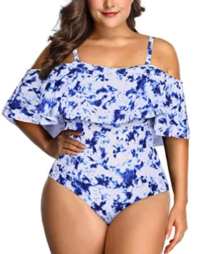 Slimming Off Shoulder Tummy Control Swimsuit For Women-Blue Tie Dye
