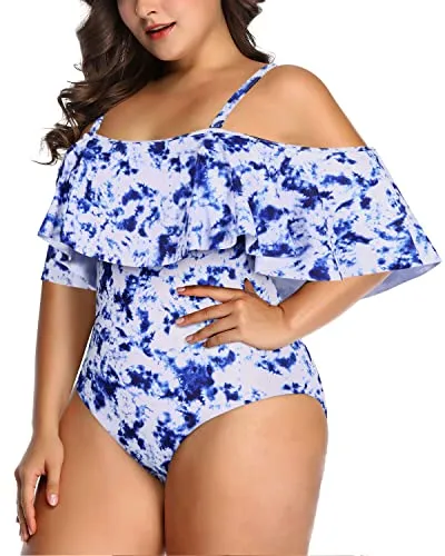 Slimming Off Shoulder Tummy Control Swimsuit For Women-Blue Tie Dye