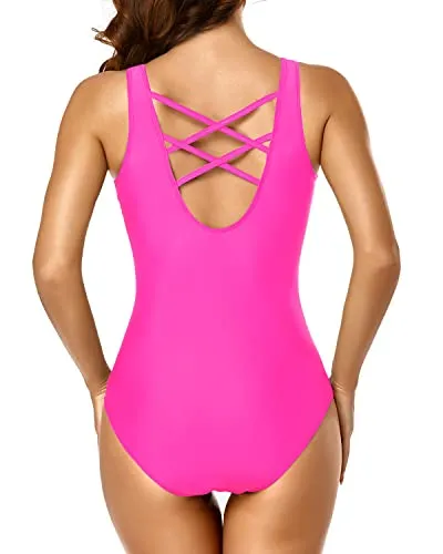 Slimming Sporty Criss Cross One Piece Swimsuits For Teen Girls-Neon Pink