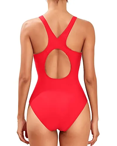 Sporty And Modest One Piece Swimsuit Racerback For Women-Neon Red