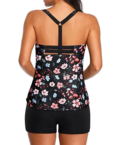 Sporty Racerback Tankini With Shorts For Active Women-Black And Pink Floral