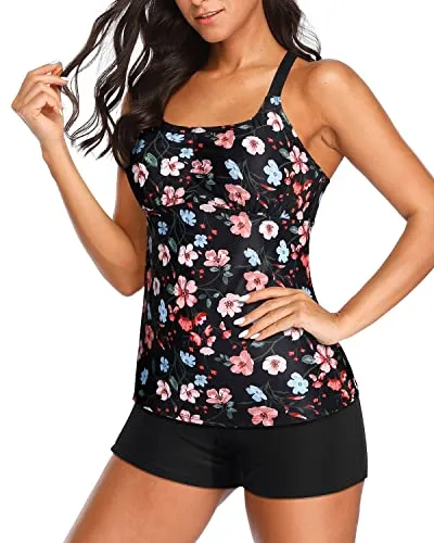 Sporty Racerback Tankini With Shorts For Active Women-Black And Pink Floral