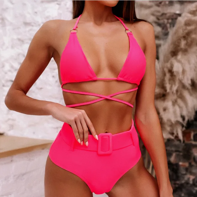 Strappy Halter Belt High Rise Thong Bottom Bikinis