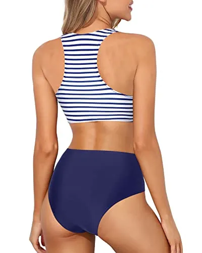 Tank Style High Neck Racerback Two Piece Bikini Set-Blue White Stripe