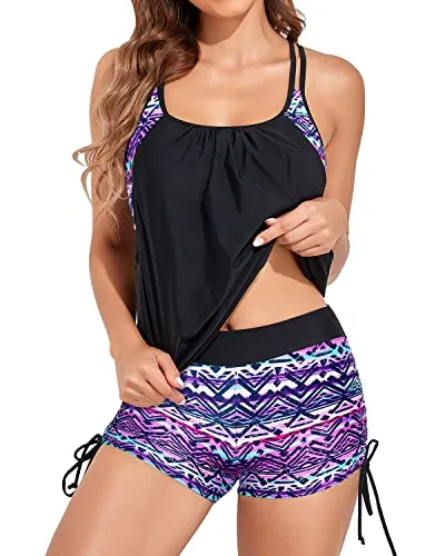 Two Piece Push Up Padded Bra Tankini Swimsuits Tummy Control Swimwear-Black And Tribal Purple