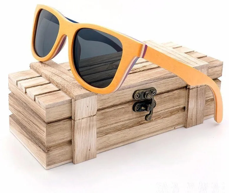 Unisex Wooden Sunglasses  Retro Vintage Polarized Skateboard Wood  With Wood box
