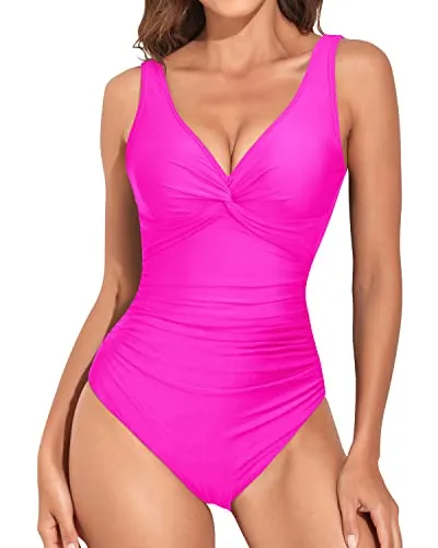 V Neck Women Monokini Vintage Tummy Control Slimming Swimsuit-Neon Pink