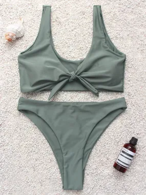 Wholesale Army Green High Waist V-Neck Plain 2 Piece Bikini