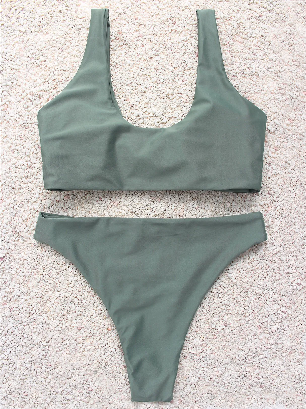 Wholesale Army Green High Waist V-Neck Plain 2 Piece Bikini