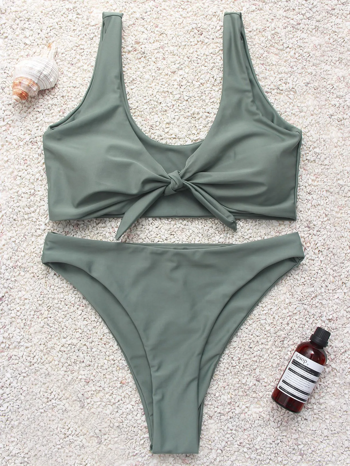 Wholesale Army Green High Waist V-Neck Plain 2 Piece Bikini