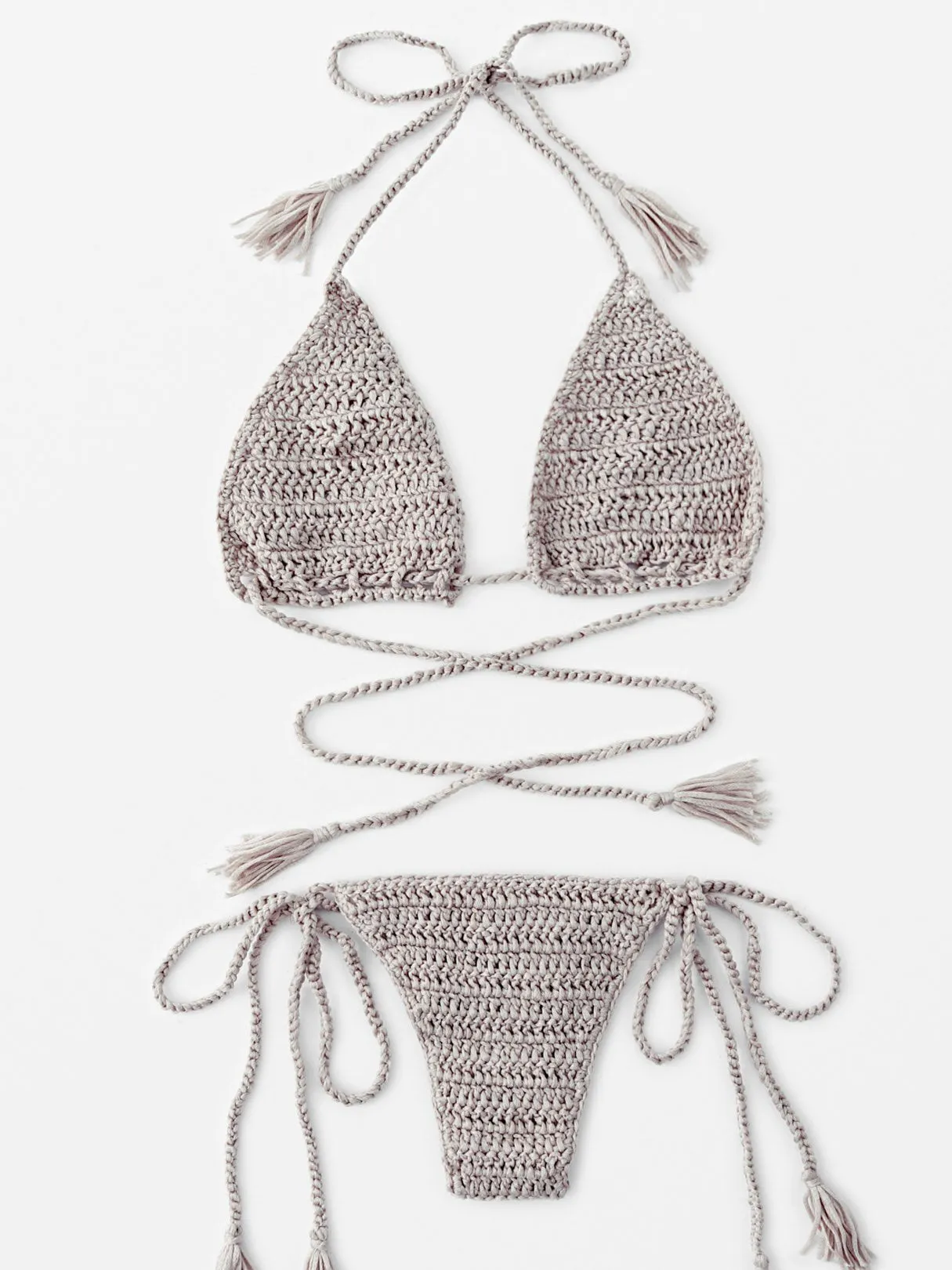 Wholesale Beige Halter Sleeveless Backless Hollow Tie-Up Bikinis