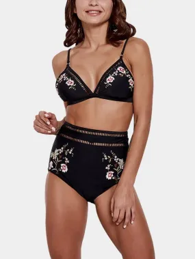 Wholesale Black V-Neck Sleeveless Embroidered Hollow Tie-Up High-Waisted Bikini Suits