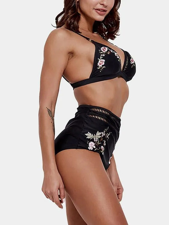 Wholesale Black V-Neck Sleeveless Embroidered Hollow Tie-Up High-Waisted Bikini Suits