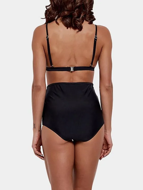 Wholesale Black V-Neck Sleeveless Embroidered Hollow Tie-Up High-Waisted Bikini Suits