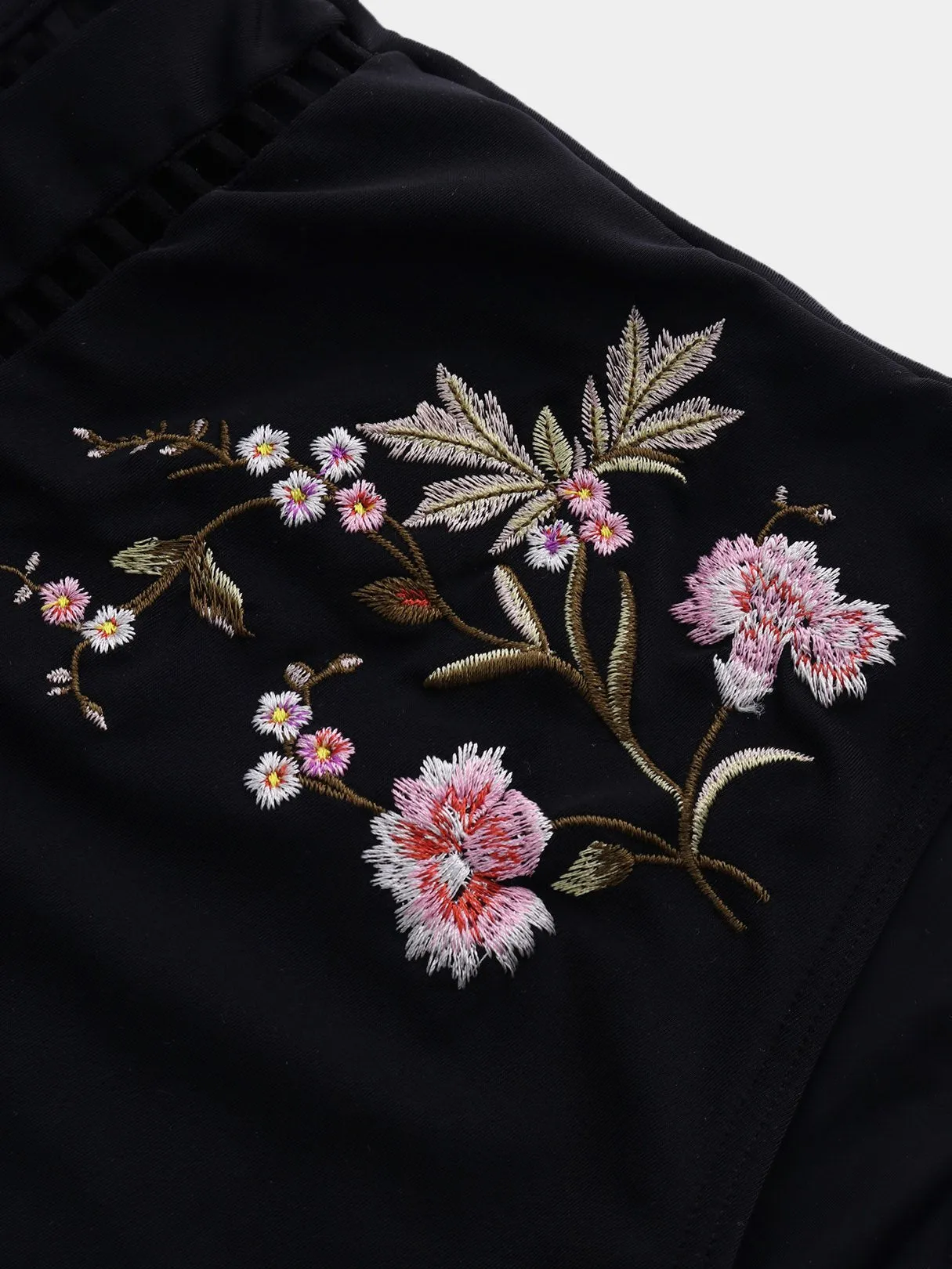 Wholesale Black V-Neck Sleeveless Embroidered Hollow Tie-Up High-Waisted Bikini Suits