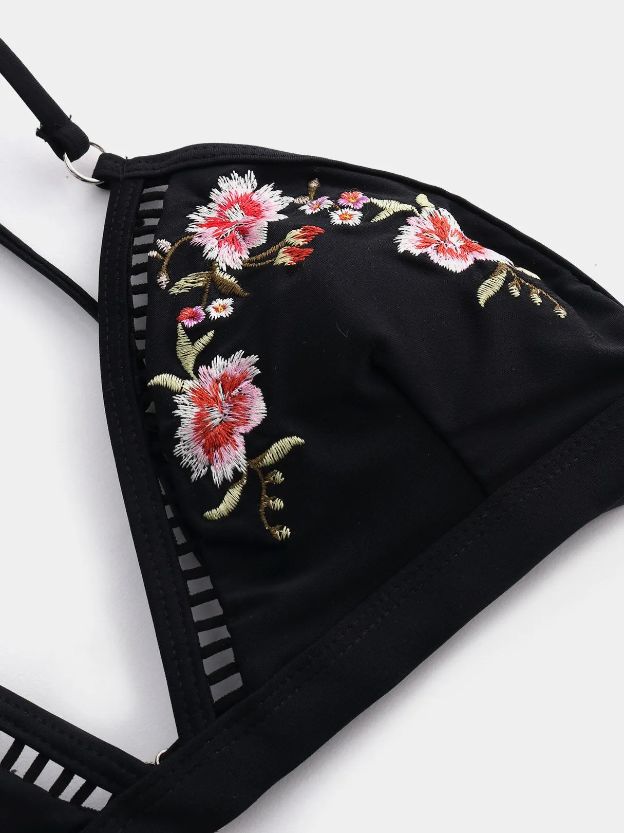 Wholesale Black V-Neck Sleeveless Embroidered Hollow Tie-Up High-Waisted Bikini Suits