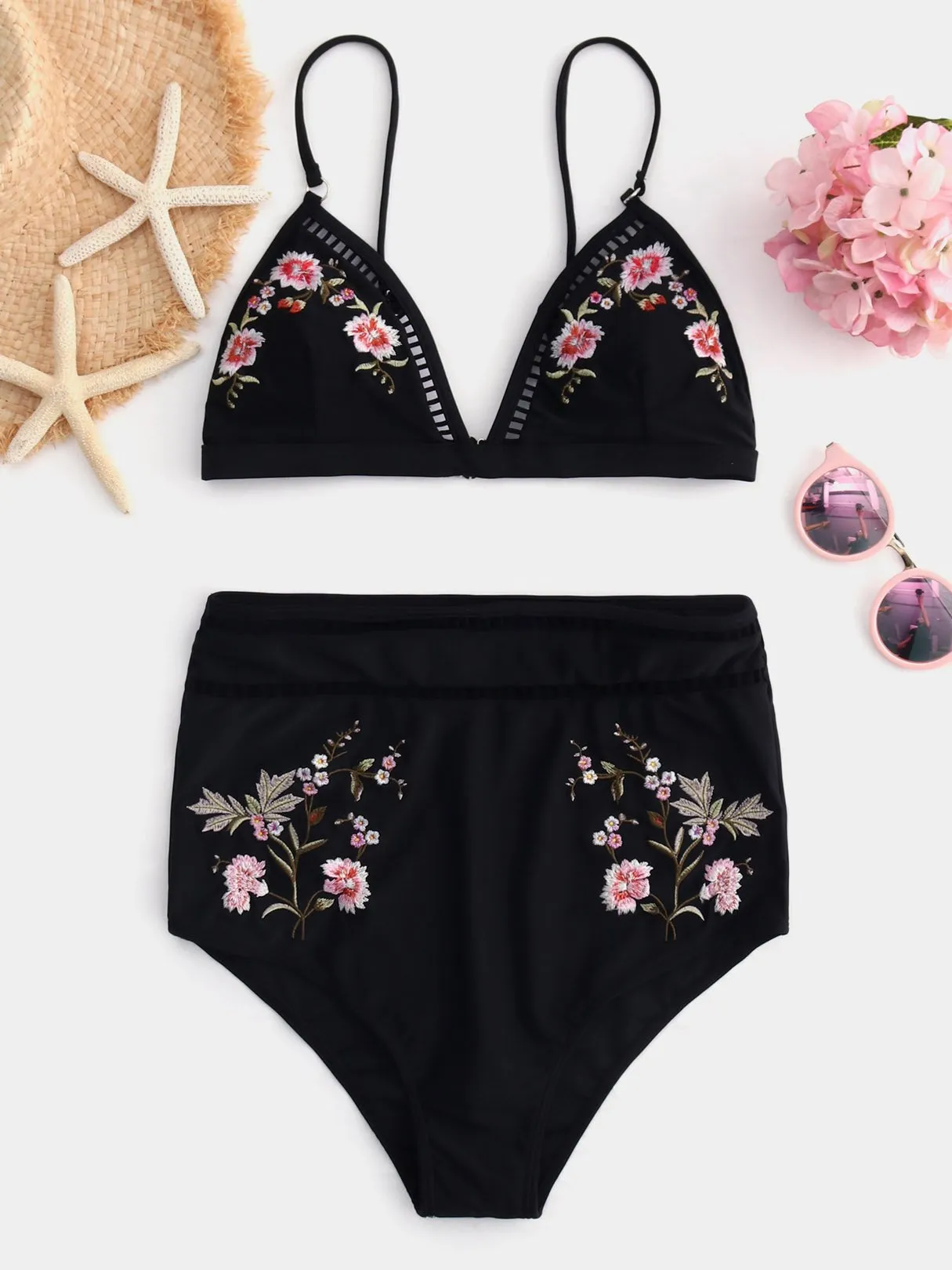 Wholesale Black V-Neck Sleeveless Embroidered Hollow Tie-Up High-Waisted Bikini Suits