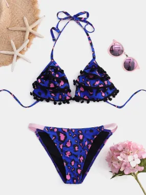 Wholesale Blue Strapless Deep V Neck Floral Print Wireless Ruffle Hem Bikinis