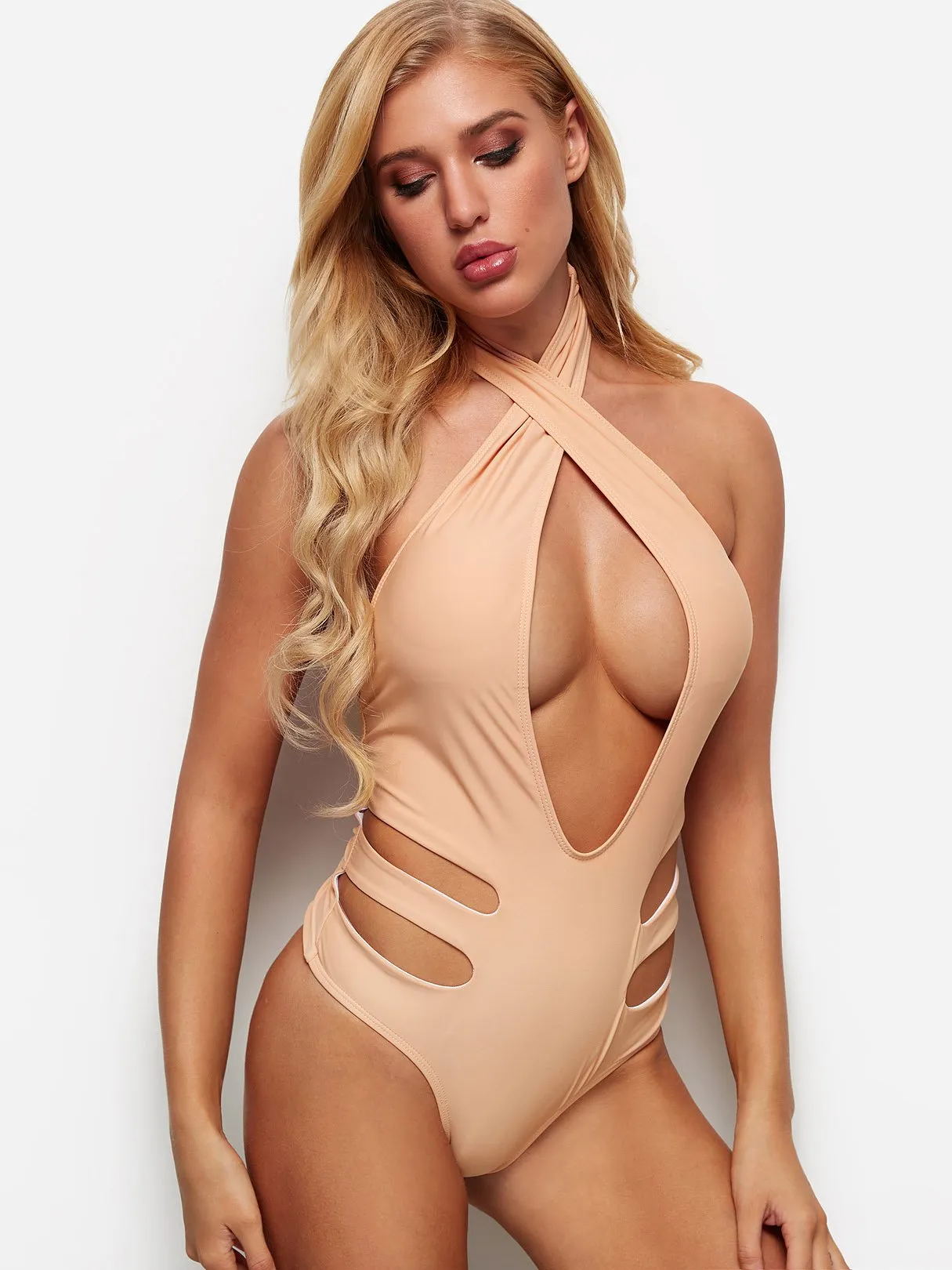 Wholesale Deep V Neck Sleeveless Backless Hollow Bikinis