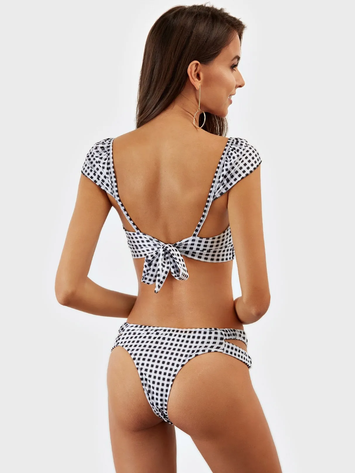 Wholesale Deep V-Neck Sleeveless Grid Backless Lace-Up Cut Out Two Piece Bikinis
