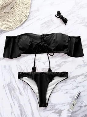 Wholesale Off The Shoulder Deep V Neck Sleeveless Two Piece Bikinis