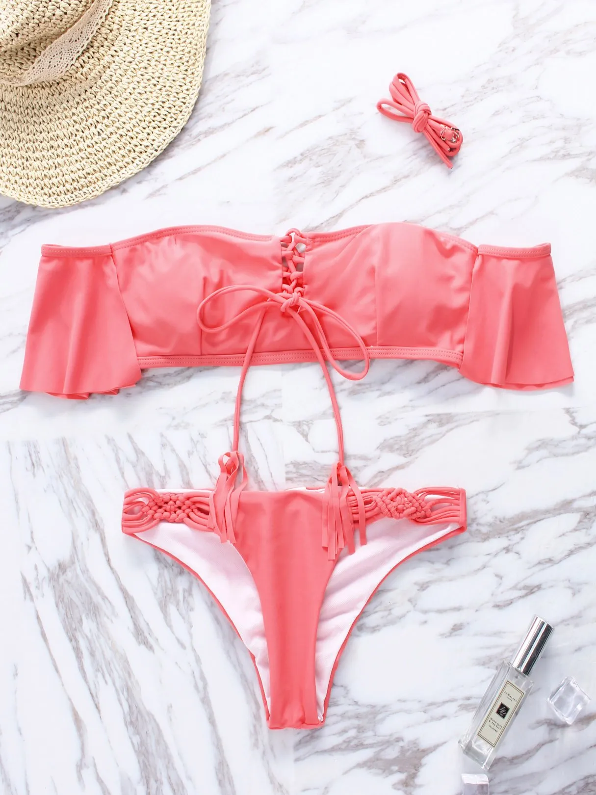 Wholesale Off The Shoulder Deep V Neck Sleeveless Two Piece Bikinis