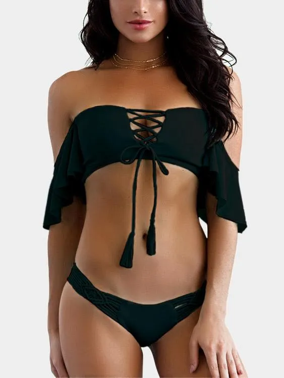 Wholesale Off The Shoulder Deep V Neck Sleeveless Two Piece Bikinis