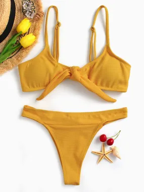 Wholesale Orange Scoop Neck Sleeveless Plain Tie-Up High Waist Two Piece Bikinis