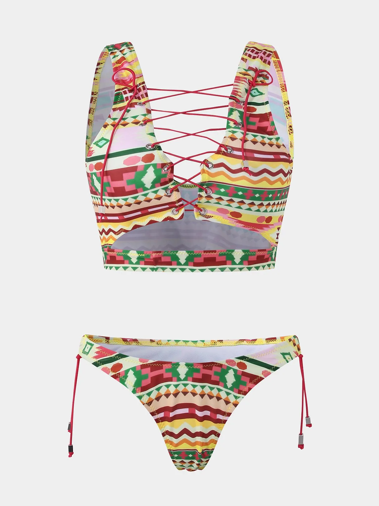 Wholesale Scoop Neck Sleeveless Printed Crossed Front Lace-Up Cut Out Bikinis