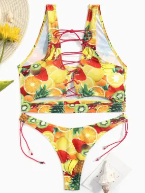 Wholesale Scoop Neck Sleeveless Printed Crossed Front Lace-Up Cut Out Bikinis