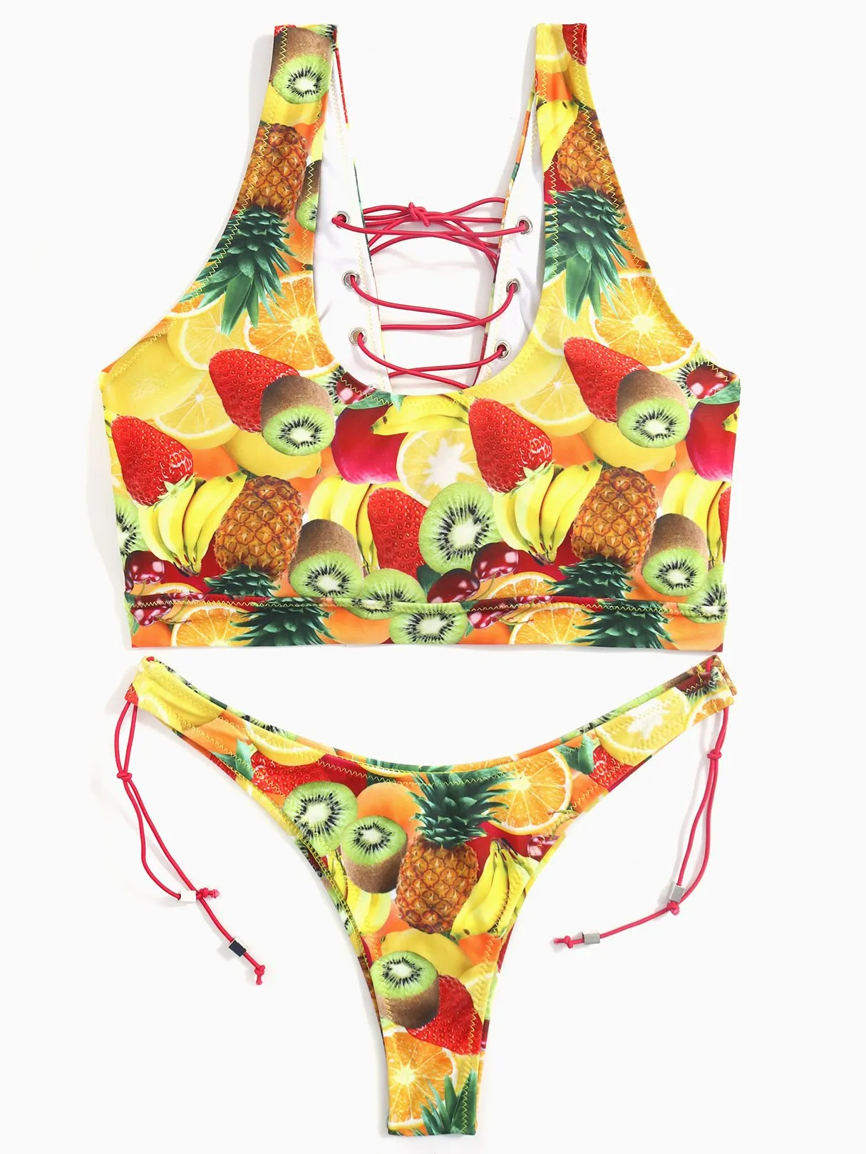 Wholesale Scoop Neck Sleeveless Printed Crossed Front Lace-Up Cut Out Bikinis