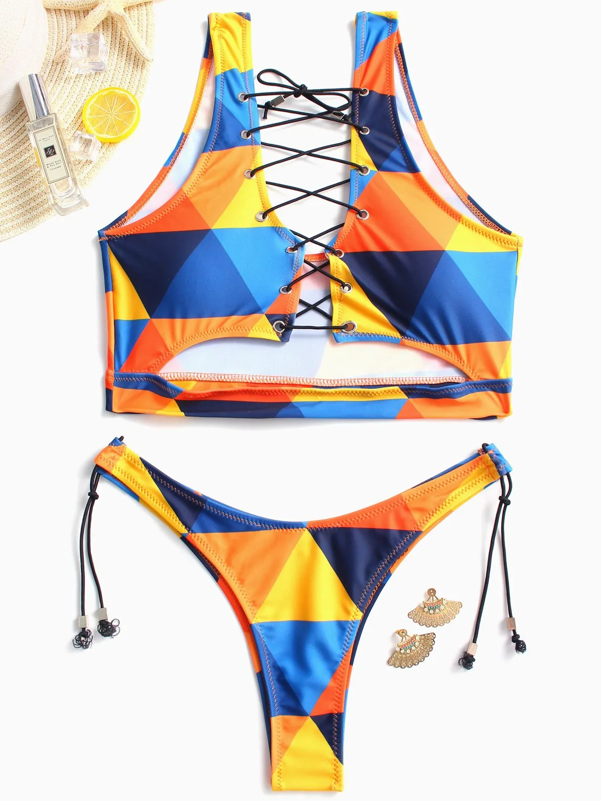 Wholesale Scoop Neck Sleeveless Printed Crossed Front Lace-Up Cut Out Bikinis