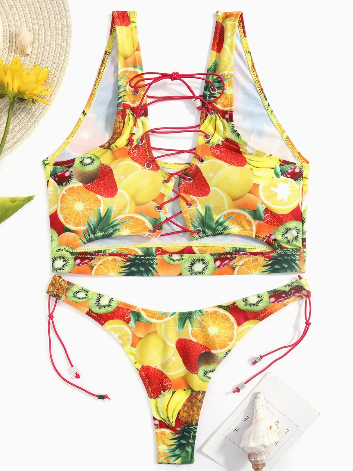 Wholesale Scoop Neck Sleeveless Printed Crossed Front Lace-Up Cut Out Bikinis