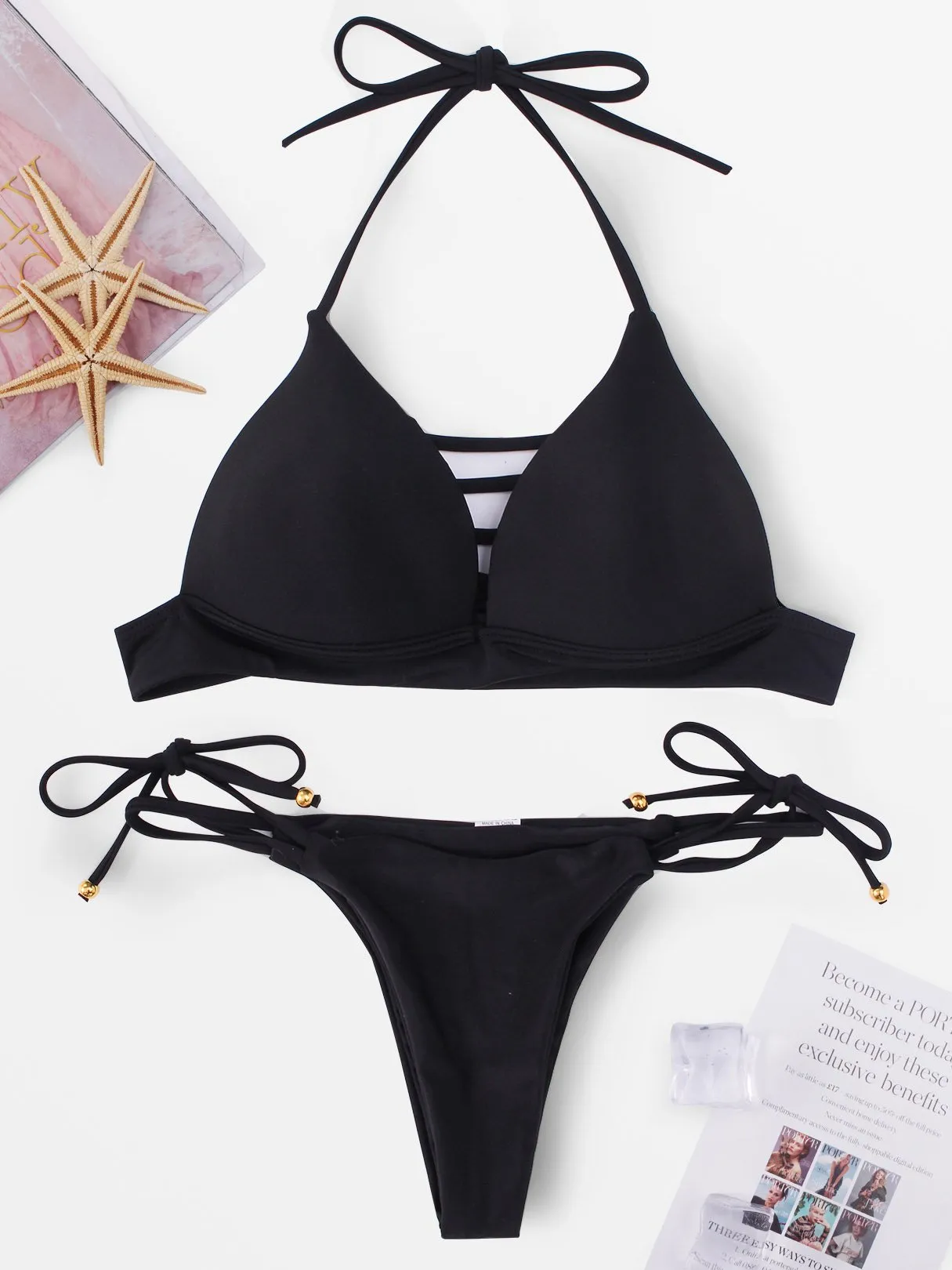 Wholesale Sleeveless Plain Backless Lace-Up Bodycon Bikini Set