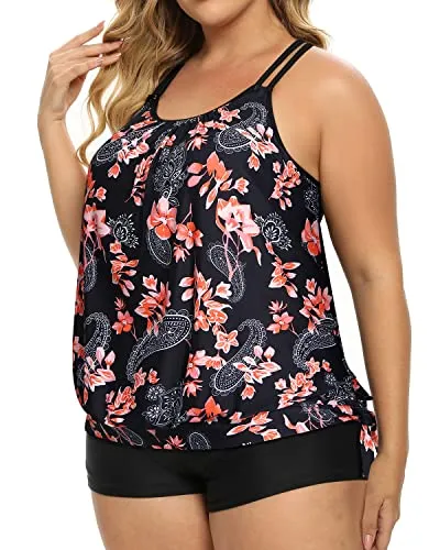 Women Plus Size Tankini Sets With Side Tie Sporty Bathing Suits-Black Pink Flower
