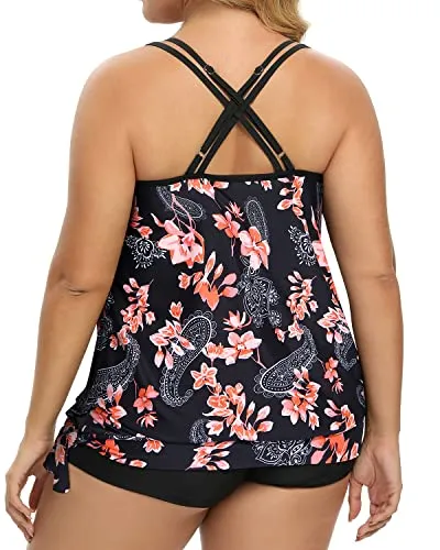 Women Plus Size Tankini Sets With Side Tie Sporty Bathing Suits-Black Pink Flower