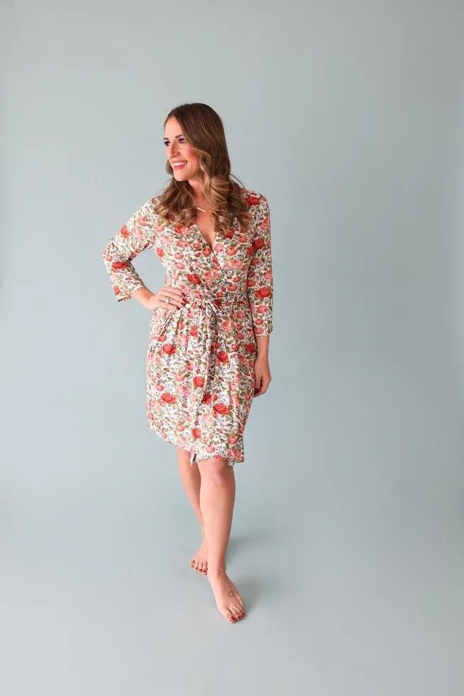 Women's Bamboo Maternity Robe with Pockets - Alma (Floral)