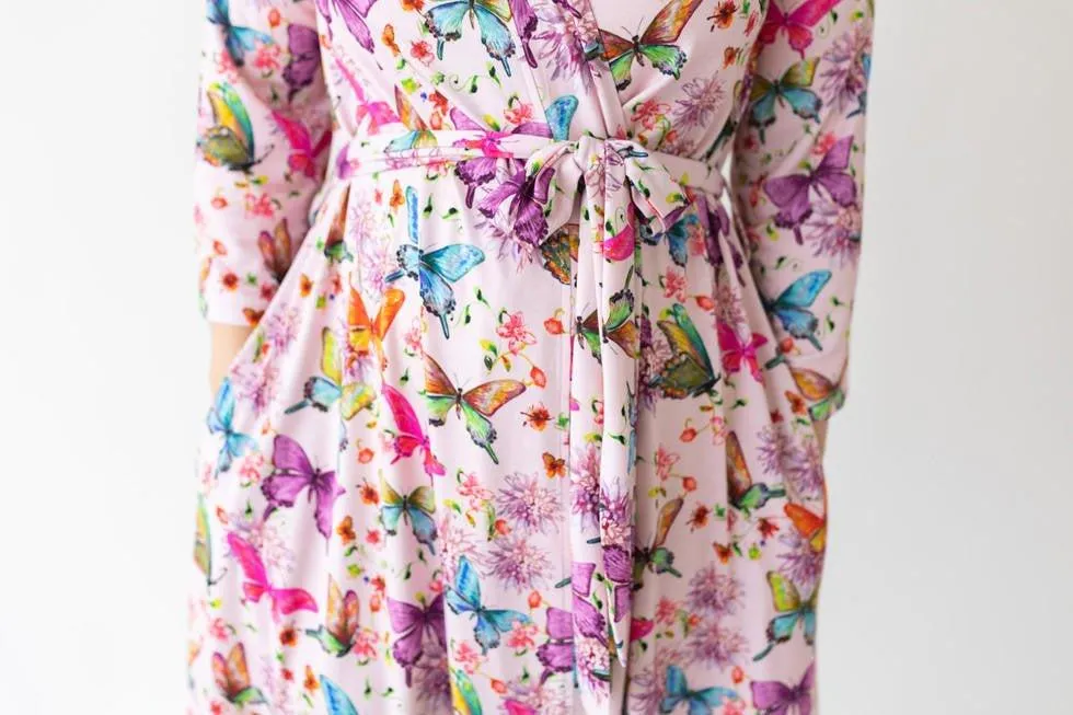 Women's Bamboo Maternity Robe with Pockets - Watercolor Butterfly