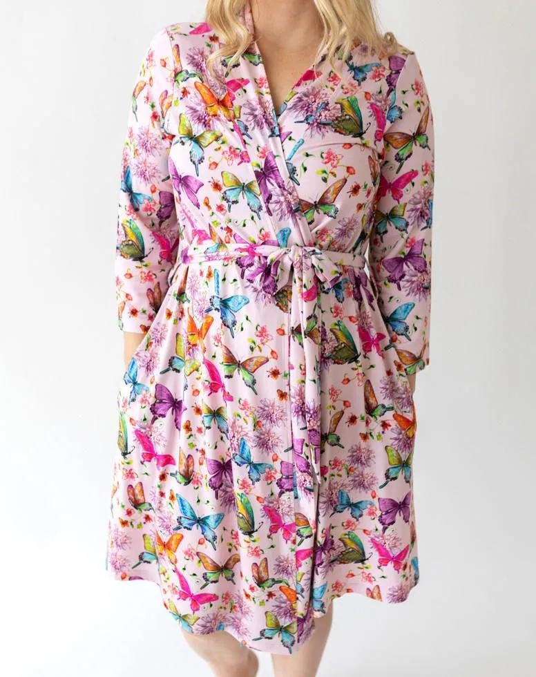 Women's Bamboo Maternity Robe with Pockets - Watercolor Butterfly