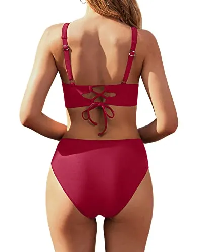 Women's Full Coverage Two-Piece High Waisted Bikini Swimwear-Red