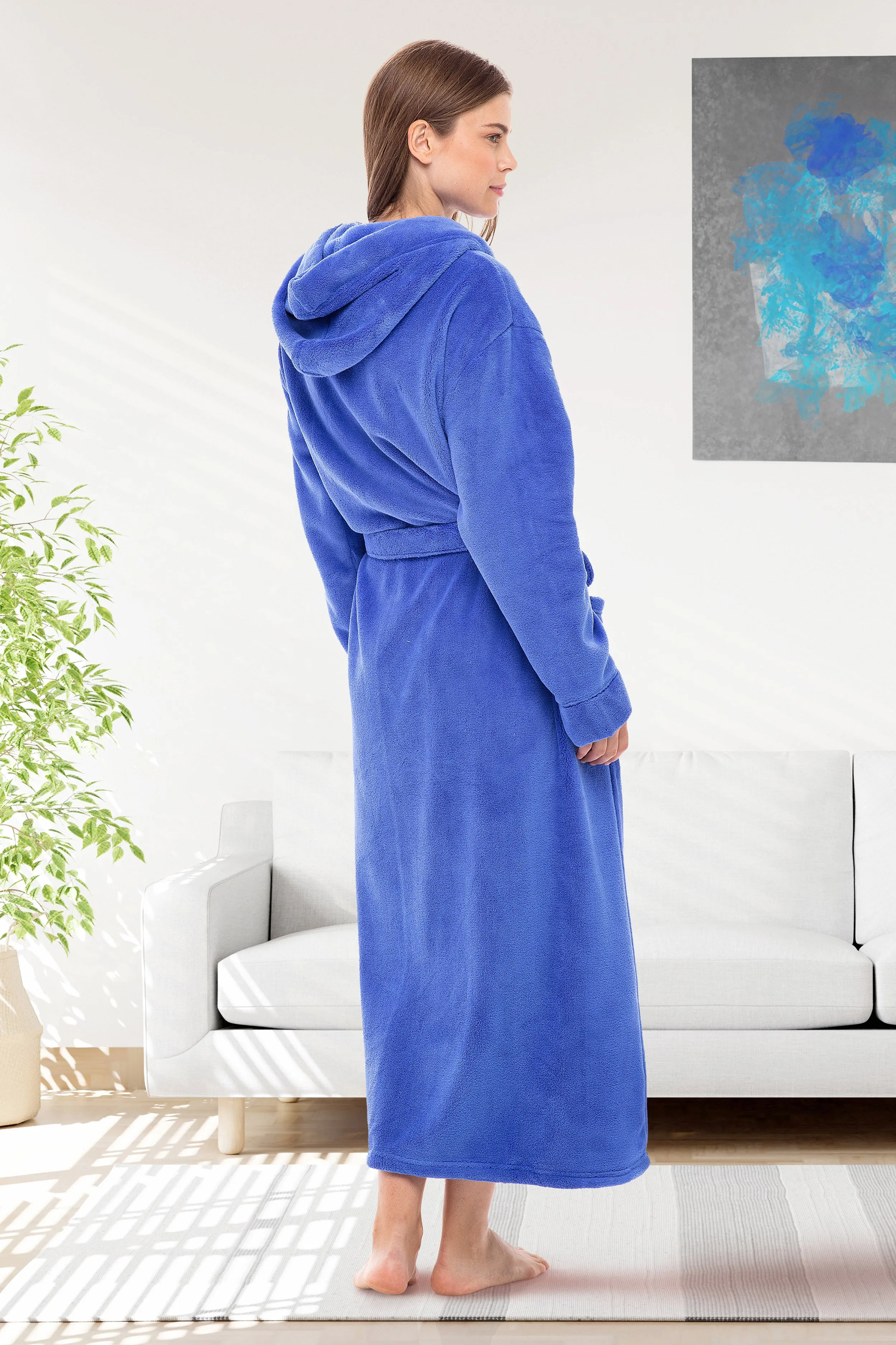 Women's Plush Fleece Hooded Bathrobe, Full Length Long Warm Lounge Robe with Hood