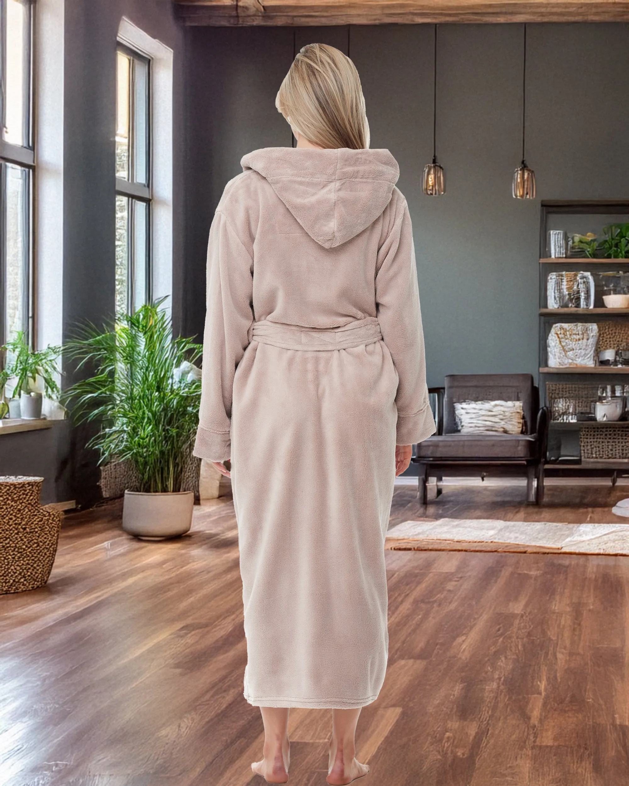 Women's Plush Fleece Hooded Bathrobe, Full Length Long Warm Lounge Robe with Hood