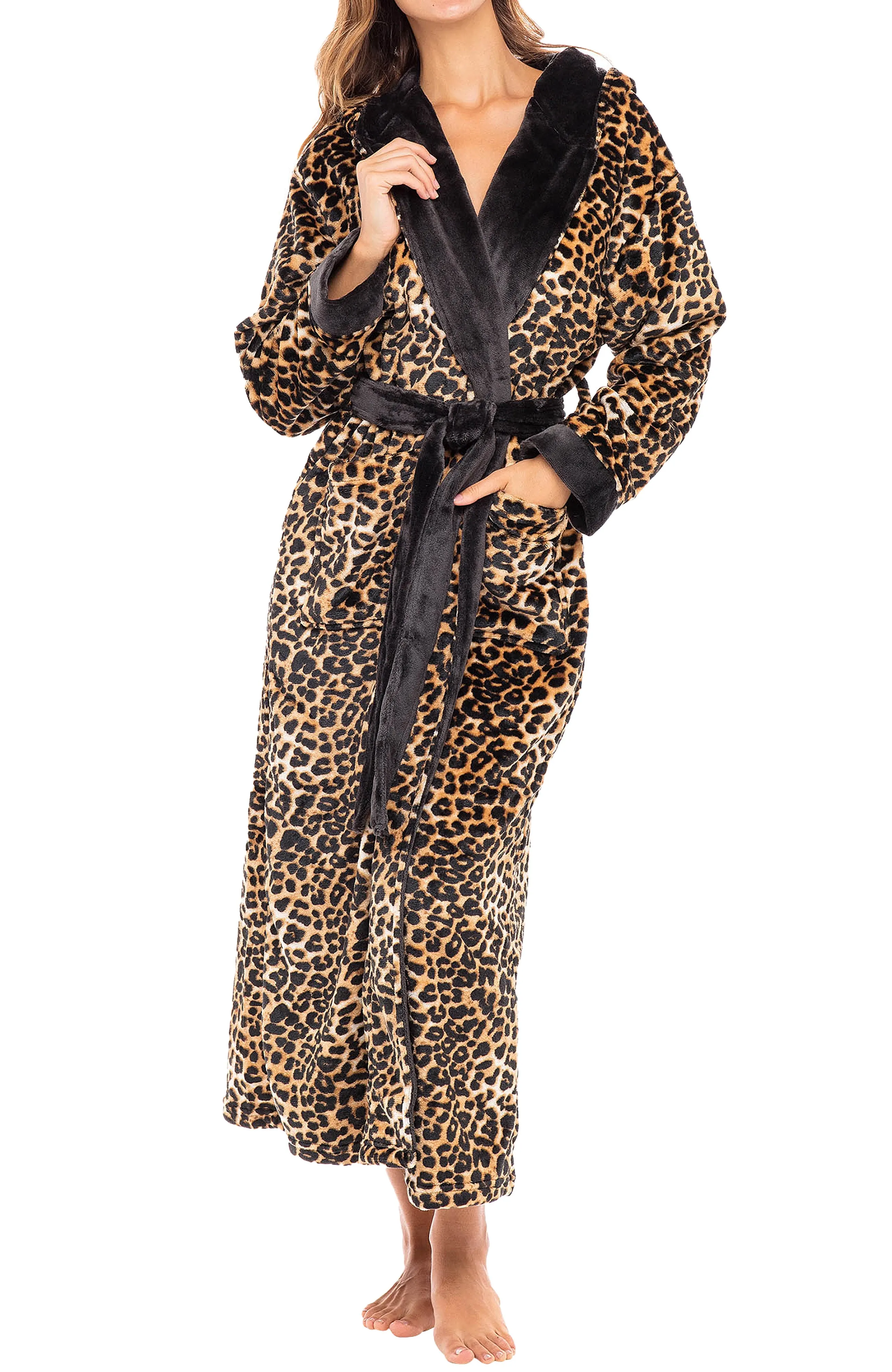 Women's Plush Fleece Hooded Bathrobe, Full Length Long Warm Lounge Robe with Hood