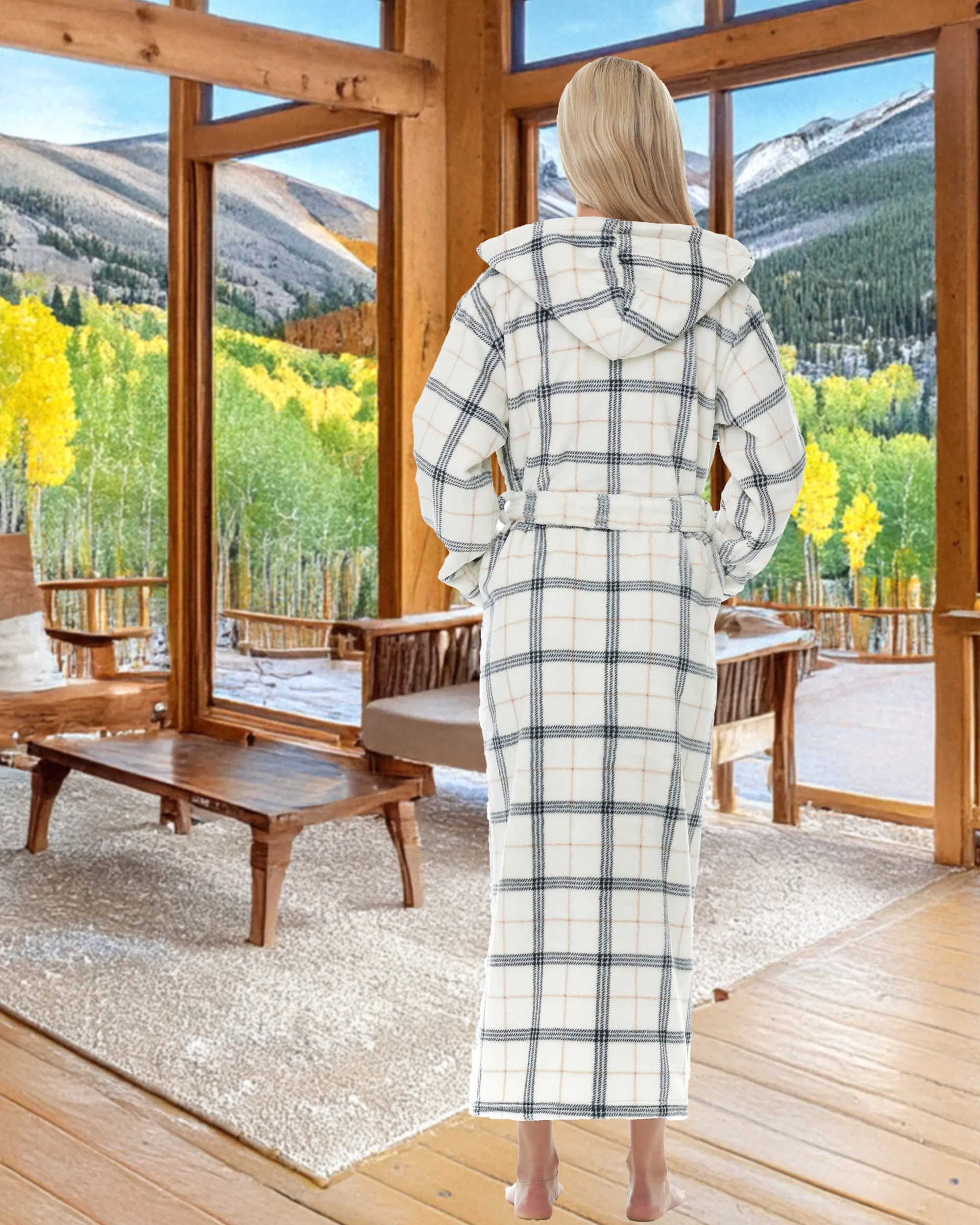 Women's Plush Fleece Hooded Bathrobe, Full Length Long Warm Lounge Robe with Hood