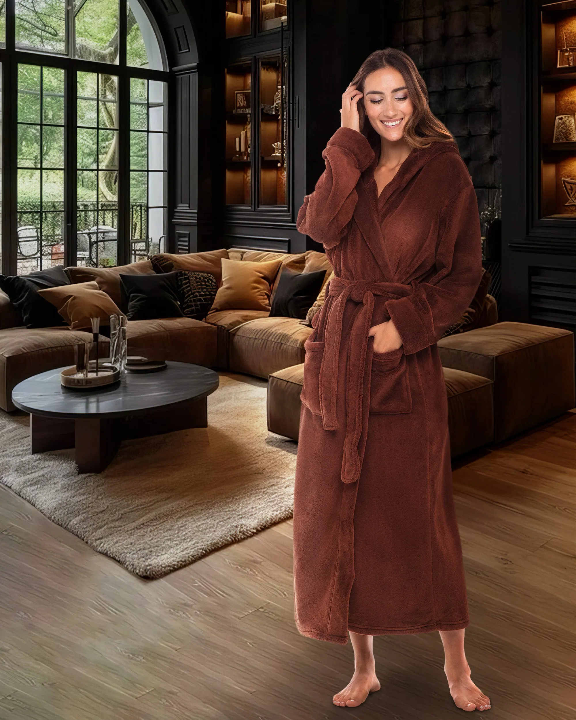 Women's Plush Fleece Hooded Bathrobe, Full Length Long Warm Lounge Robe with Hood