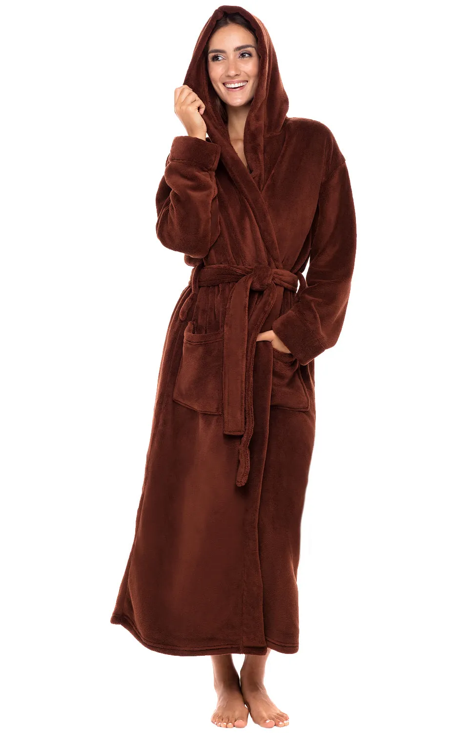 Women's Plush Fleece Hooded Bathrobe, Full Length Long Warm Lounge Robe with Hood