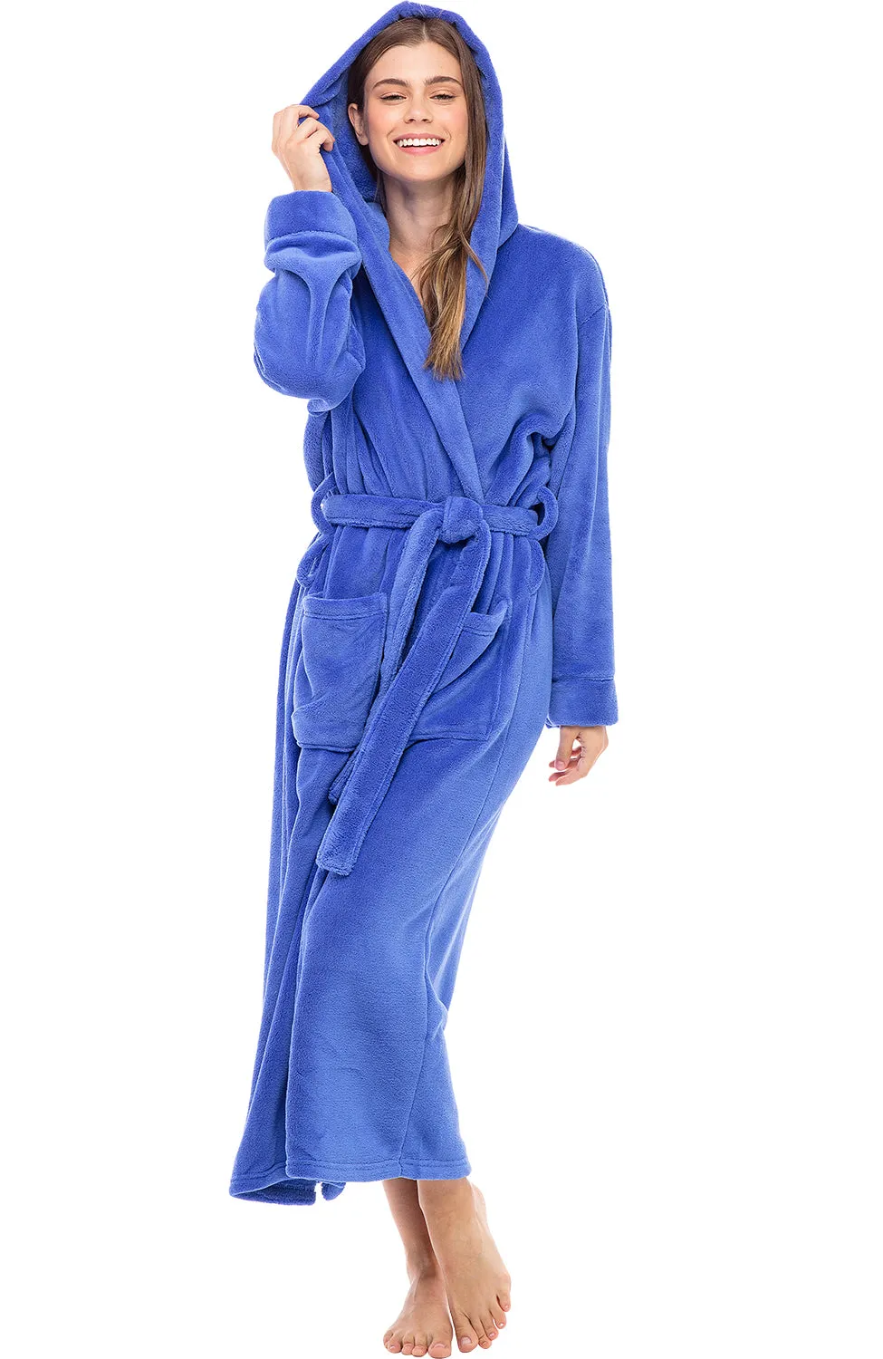 Women's Plush Fleece Hooded Bathrobe, Full Length Long Warm Lounge Robe with Hood